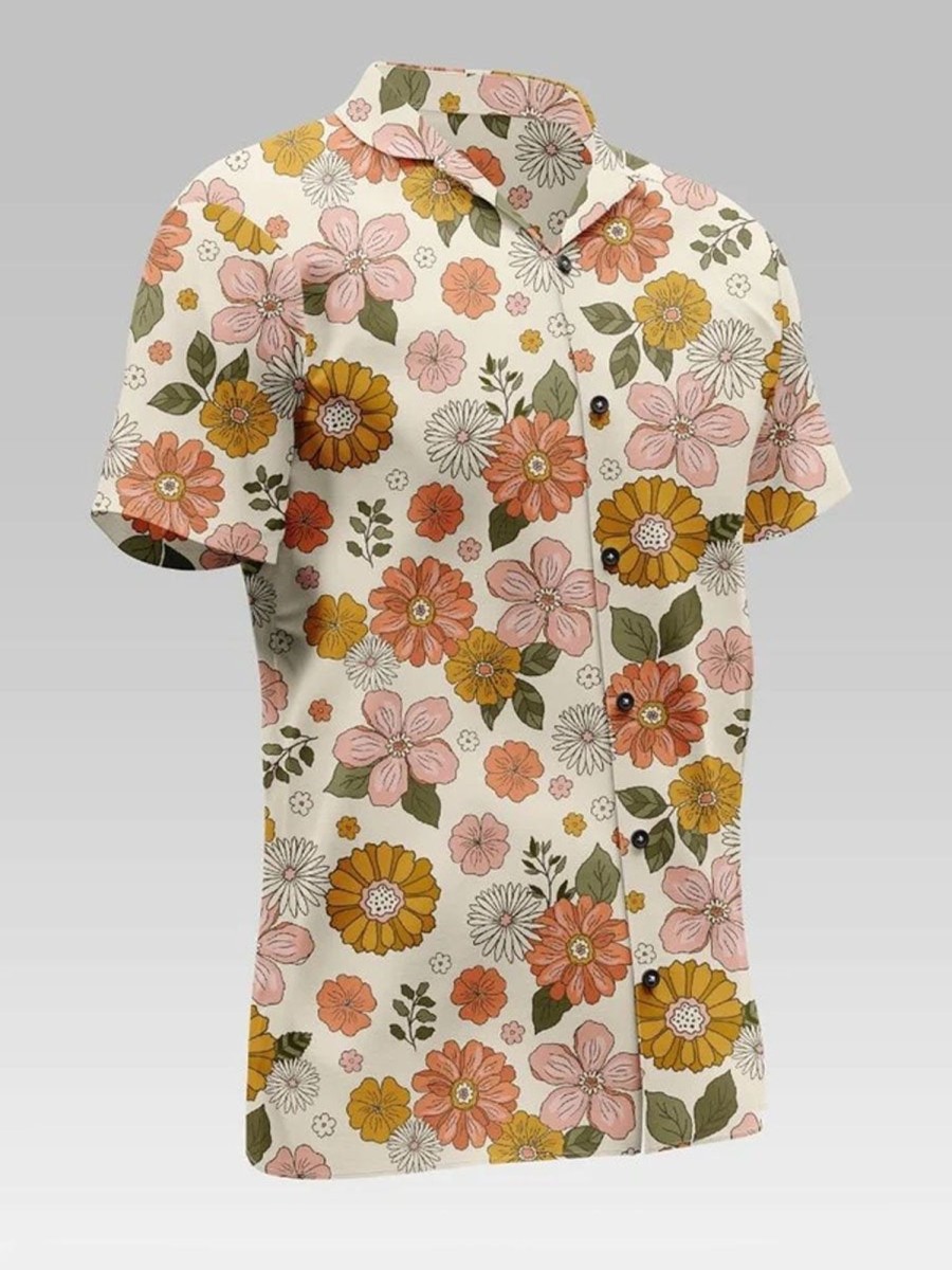 Men DJ Shirts | Vintage Botanical Floral Print Casual Short-Sleeved Shirt Orange