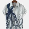 Men HLJ Shirts | Sea Animal Big Octopus Hawaiian Short Sleeve Shirt Lvory White