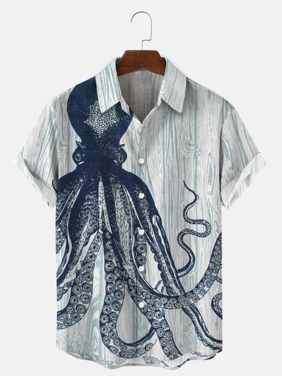 Men HLJ Shirts | Sea Animal Big Octopus Hawaiian Short Sleeve Shirt Lvory White