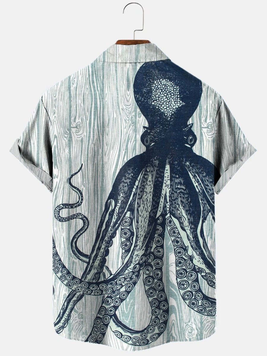 Men HLJ Shirts | Sea Animal Big Octopus Hawaiian Short Sleeve Shirt Lvory White