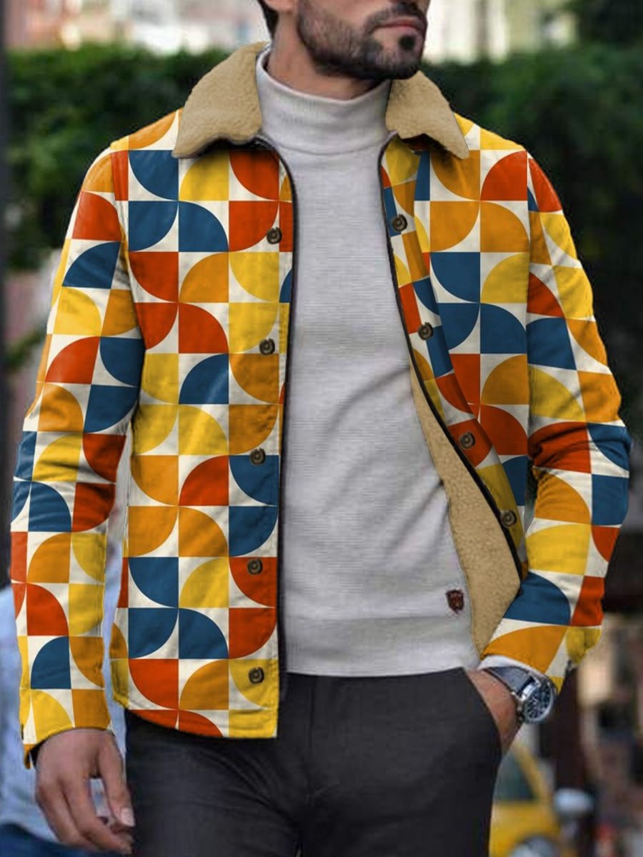 Men DJ Jacket | Colorful Geometric Print Velvet Warm Lapel Jacket Photo Color