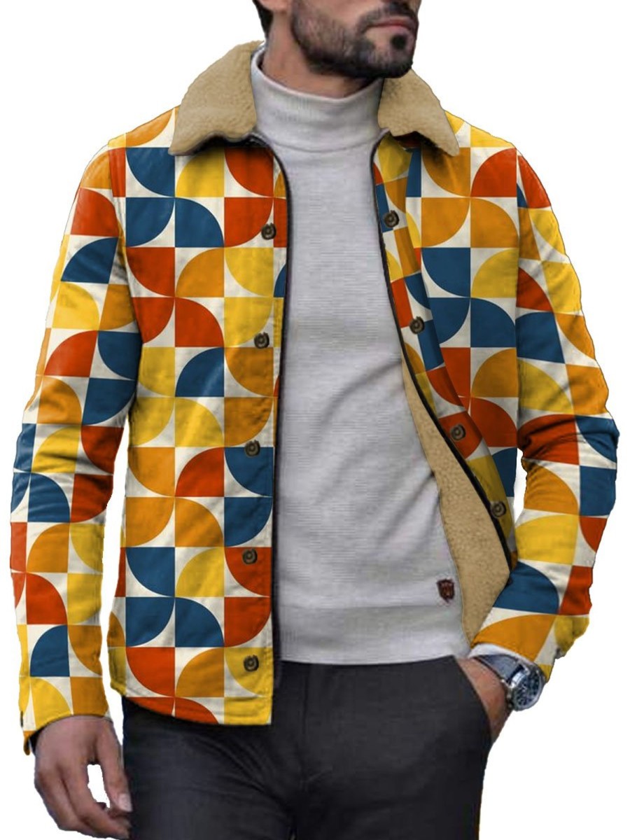 Men DJ Jacket | Colorful Geometric Print Velvet Warm Lapel Jacket Photo Color