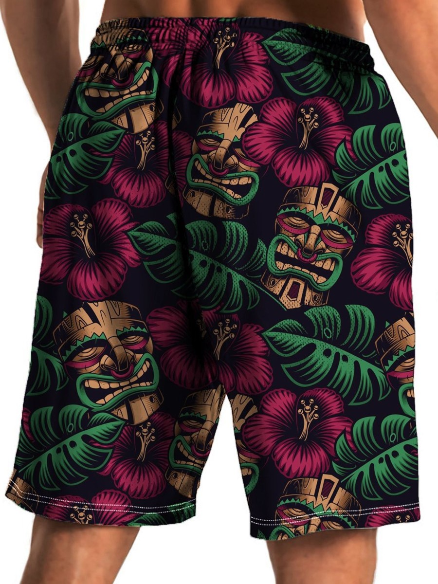 Men HLJ Shorts | Colorful Patterned Beach Shorts With Hawaiian Tiki Mask Black