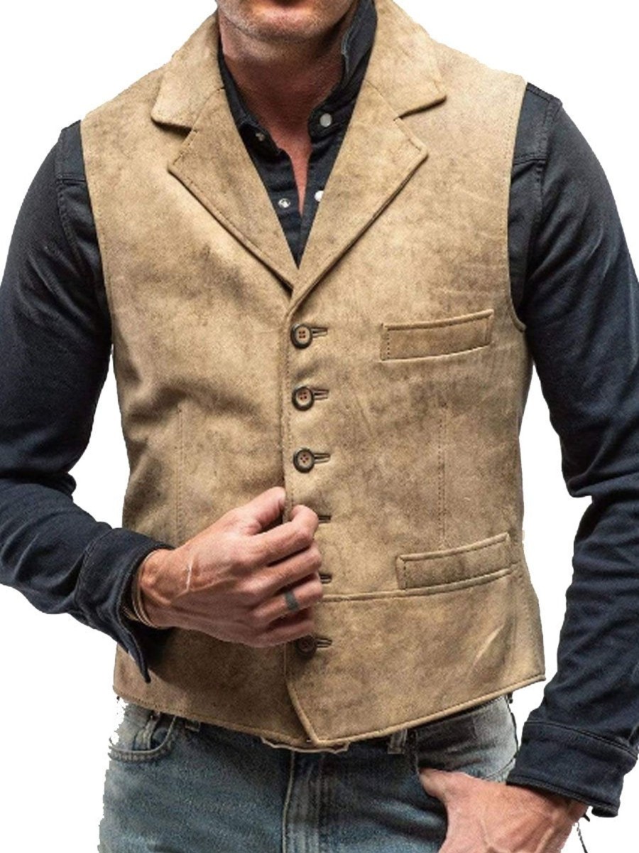 Men DJ Vest | Lapel Single-Breasted 3-Pocket Suede Casual Vest Khaki