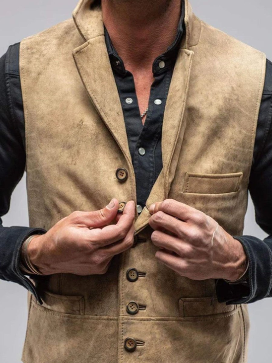 Men DJ Vest | Lapel Single-Breasted 3-Pocket Suede Casual Vest Khaki