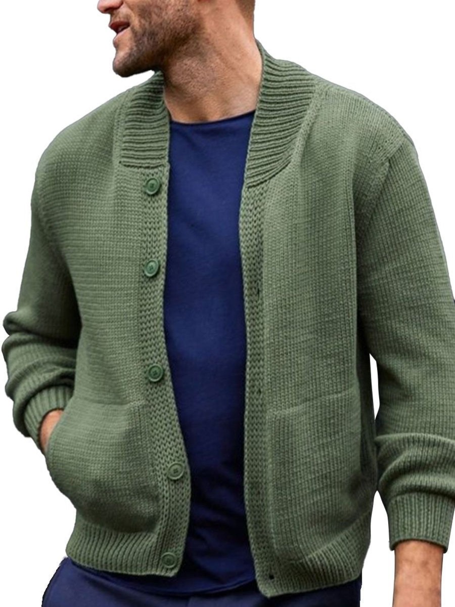 Men DJ Cardigan | Double Pocket Single Breasted Solid Color Casual Knitted Cardigan Green