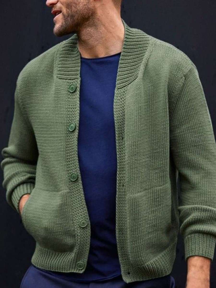 Men DJ Cardigan | Double Pocket Single Breasted Solid Color Casual Knitted Cardigan Green