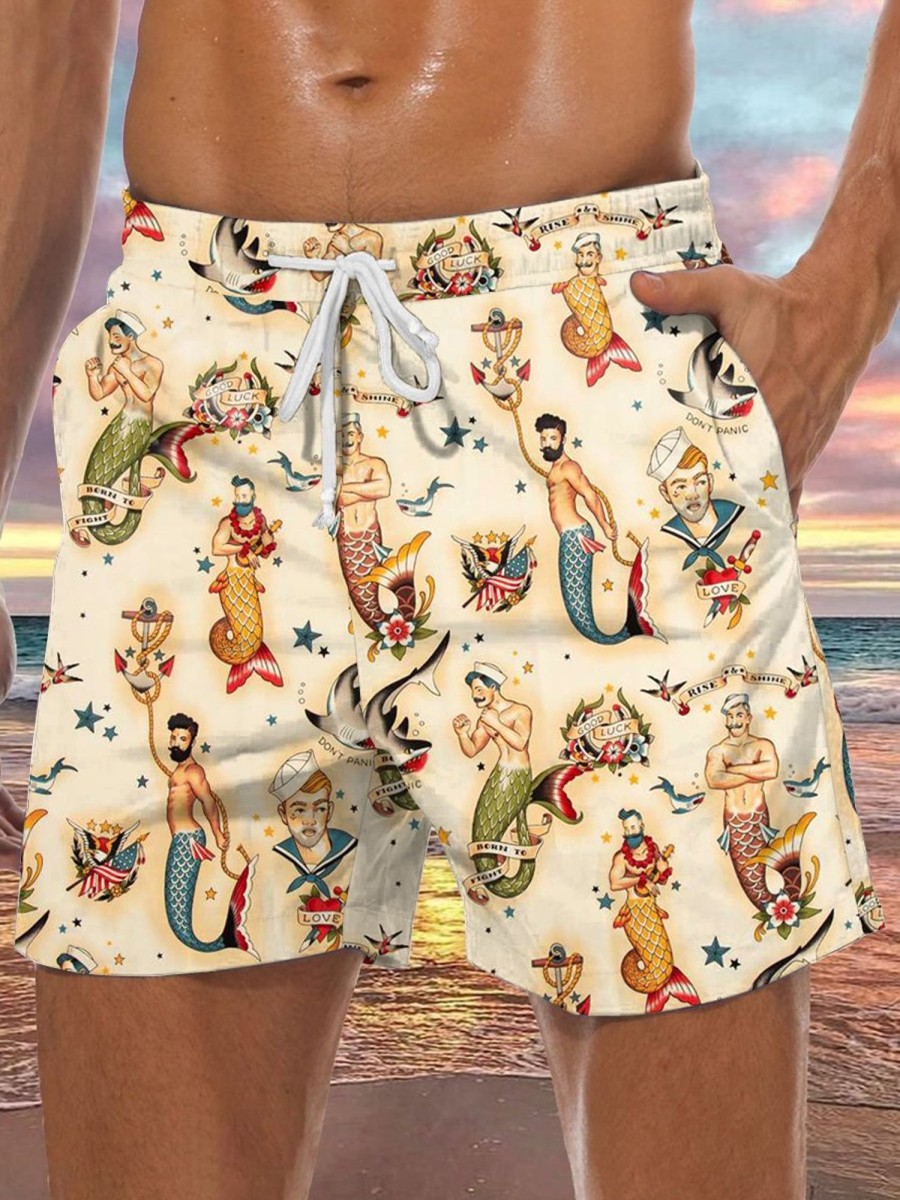 Men HLJ Shorts | Retro Mermaid Breathable Comfortable Beach Shorts