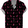 Men DJ Shirts | Breast Cancer Survivors Red Ribbon Print Hawaiian Casual Short-Sleeve Shirt Black