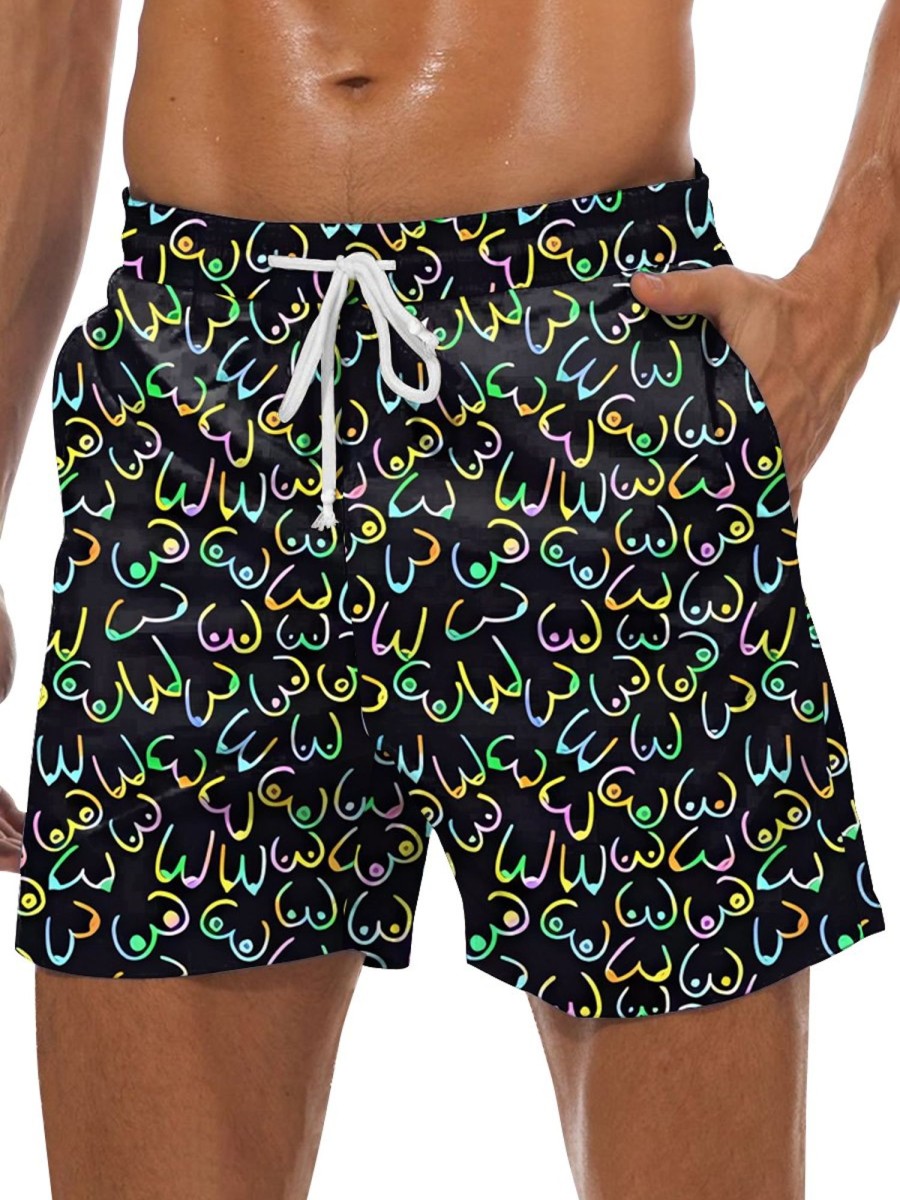 Men DJ Bottoms | Colored Stick Figure Boobs Print Pocket Lace-Up Shorts Black