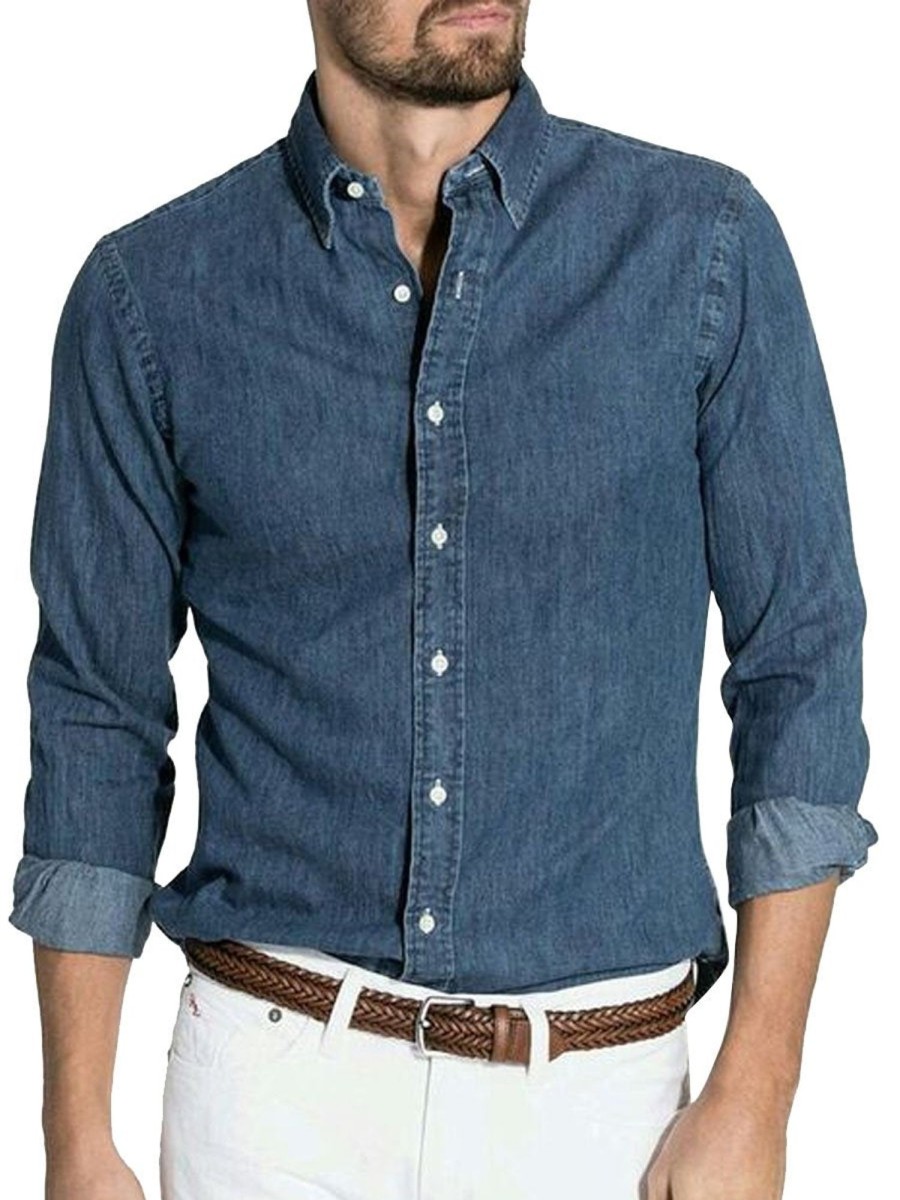 Men DJ Casual Long Sleeve Shirts | Lapel Single-Breasted Versatile Denim Long-Sleeved Shirt Navy