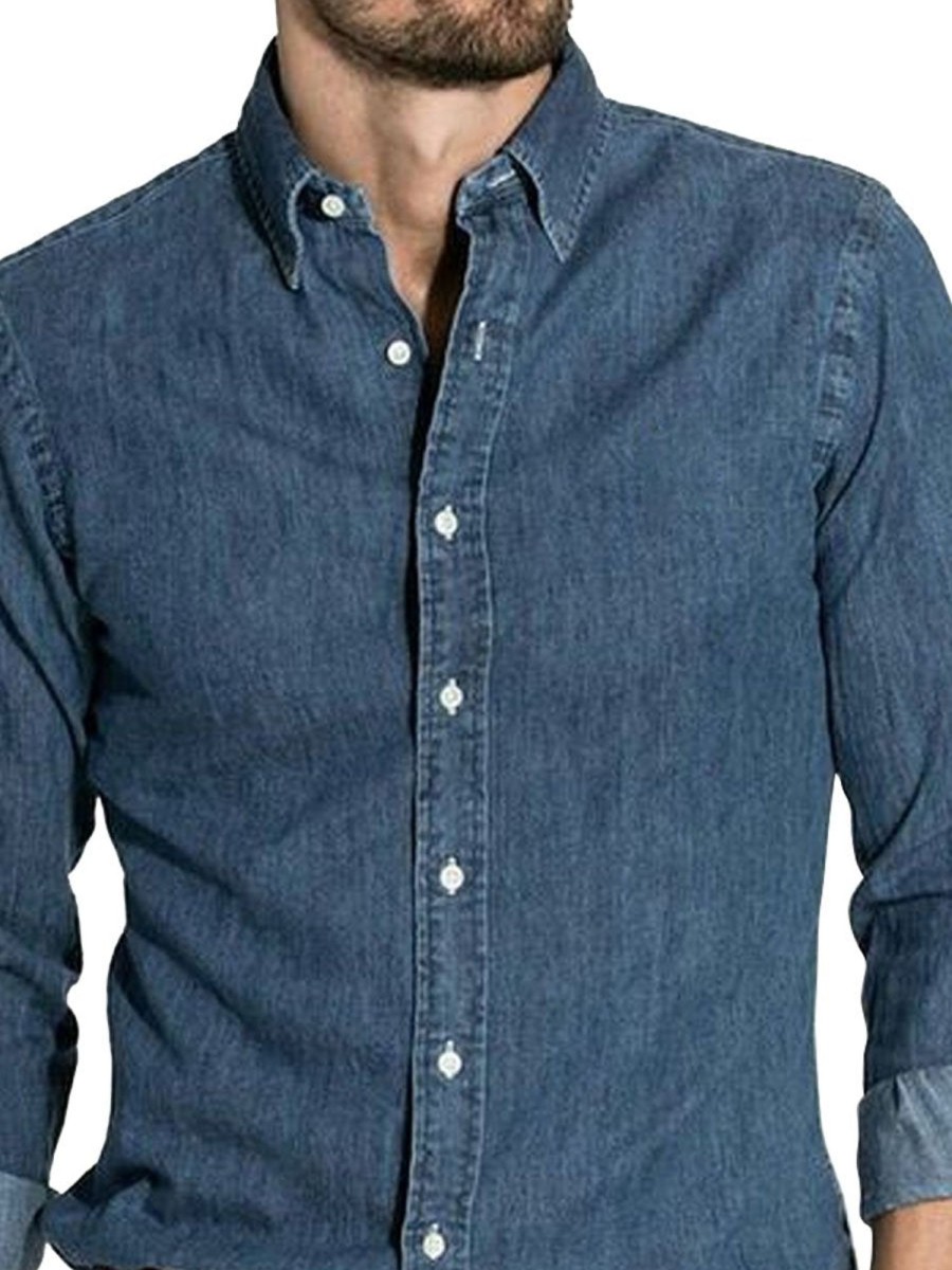 Men DJ Casual Long Sleeve Shirts | Lapel Single-Breasted Versatile Denim Long-Sleeved Shirt Navy