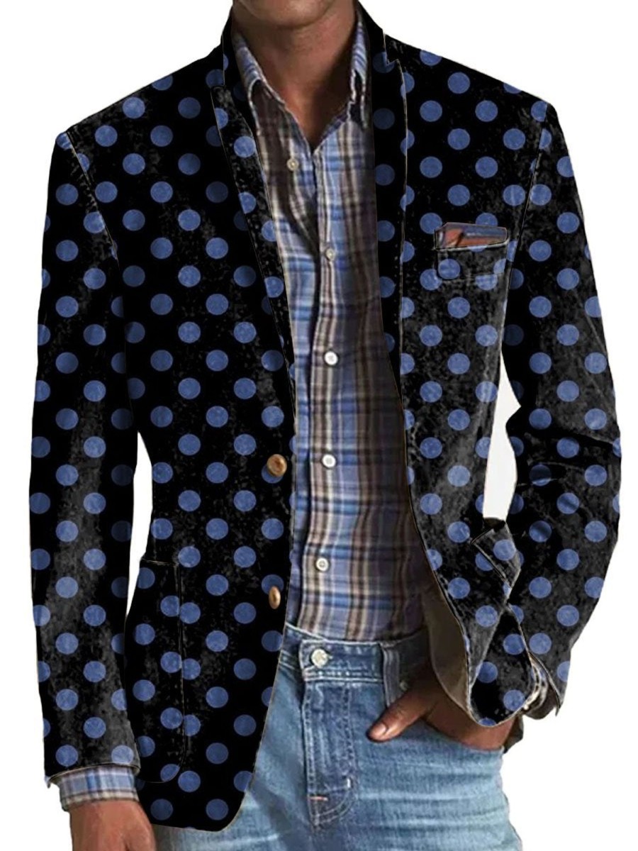 Men DJ Print Jacket | American Retro Polka Dot Print 3-Pocket Blazer Photo Color