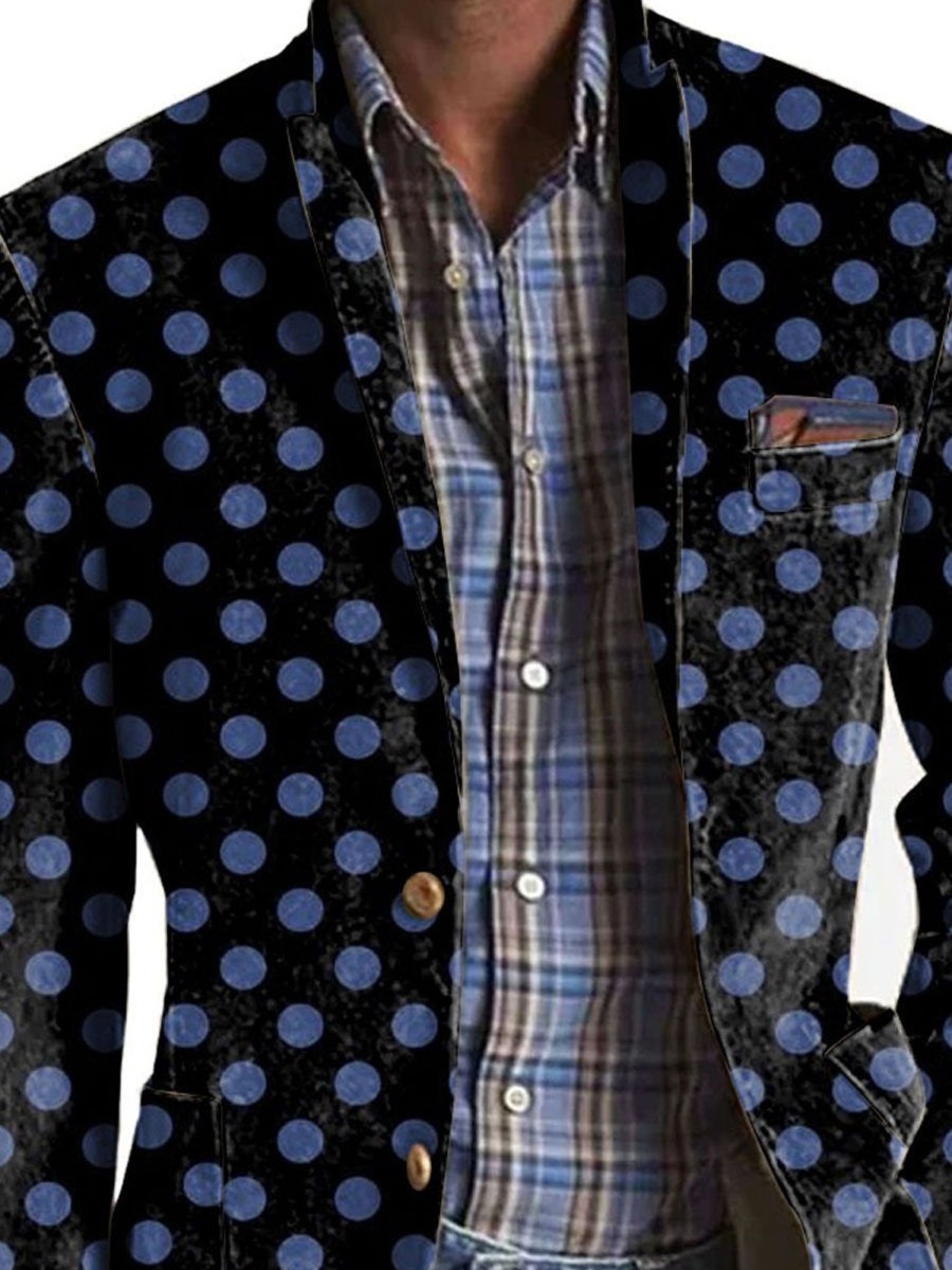 Men DJ Print Jacket | American Retro Polka Dot Print 3-Pocket Blazer Photo Color