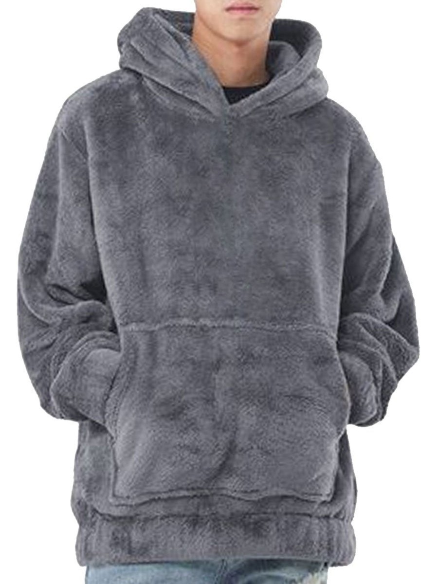 Men DJ Jacket | Solid Color Double-Sided Velvet Large Pocket Casual Hooded Thermal Sweatshirt Gray