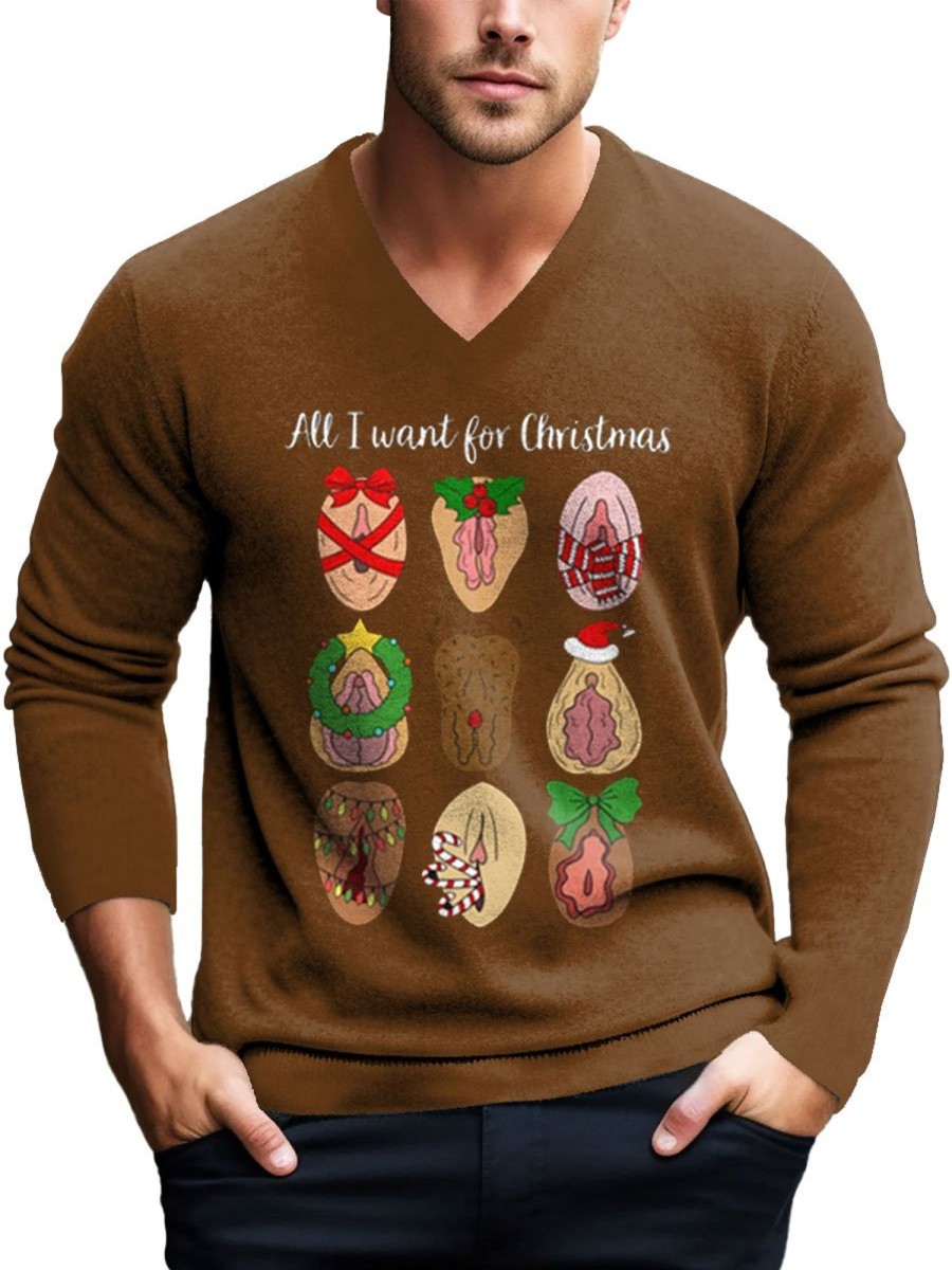 Men BXL Print Sweater | Christmas Fun Printed Casual V-Neck Knitted Sweater