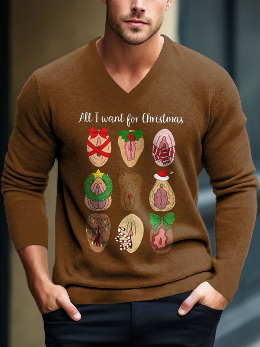 Men BXL Print Sweater | Christmas Fun Printed Casual V-Neck Knitted Sweater