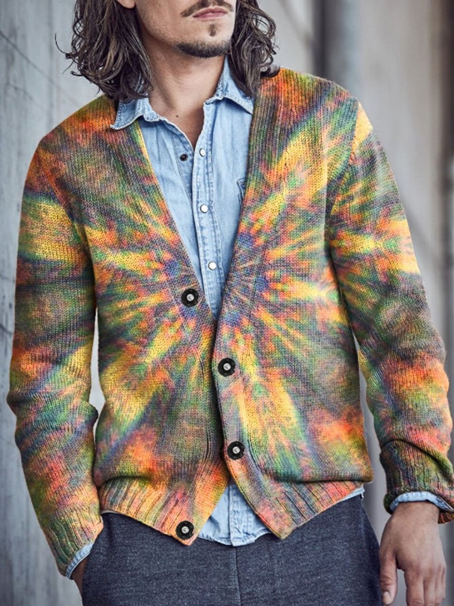 Men DJ Print Cardigan | Colorful Tie-Dye Printed V-Neck Knitted Cardigan Photo Color