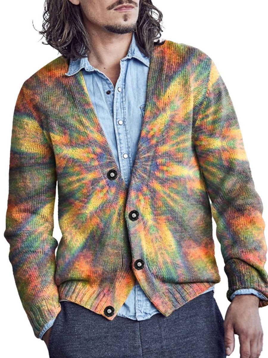 Men DJ Print Cardigan | Colorful Tie-Dye Printed V-Neck Knitted Cardigan Photo Color