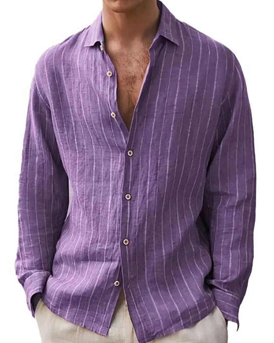 Men DJ Casual Long Sleeve Shirts | Line Lapel Single-Breasted Casual Long-Sleeved Shirt Purple