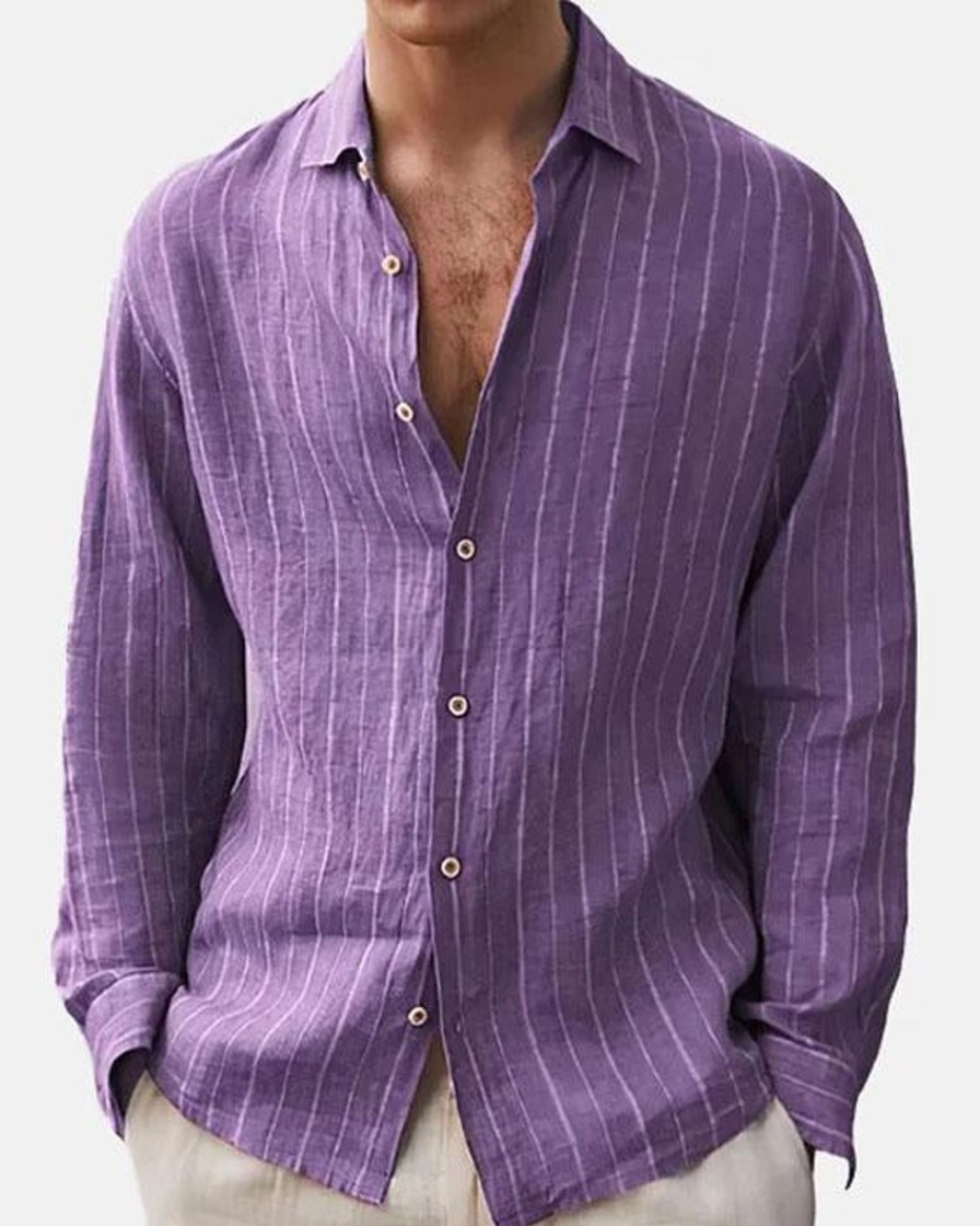 Men DJ Casual Long Sleeve Shirts | Line Lapel Single-Breasted Casual Long-Sleeved Shirt Purple