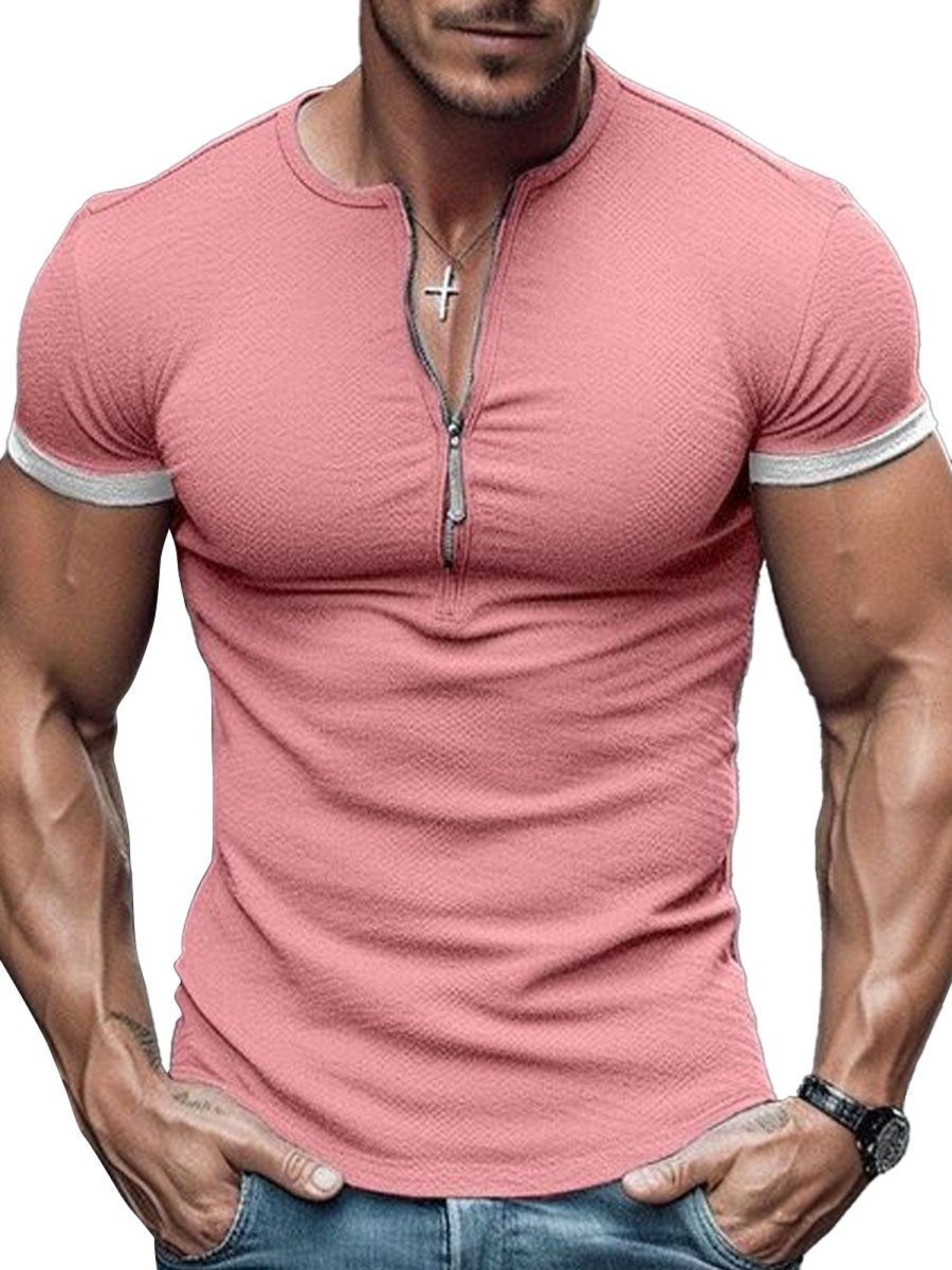 Men DJ Casual Short Sleeve Shirts | Solid Color Half-Zip Casual Short-Sleeved T-Shirt Pink