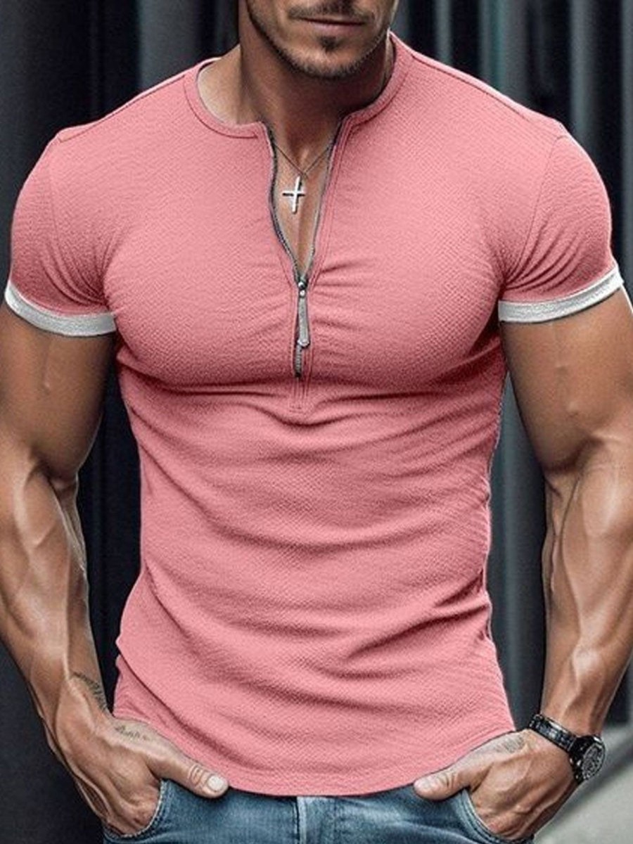 Men DJ Casual Short Sleeve Shirts | Solid Color Half-Zip Casual Short-Sleeved T-Shirt Pink