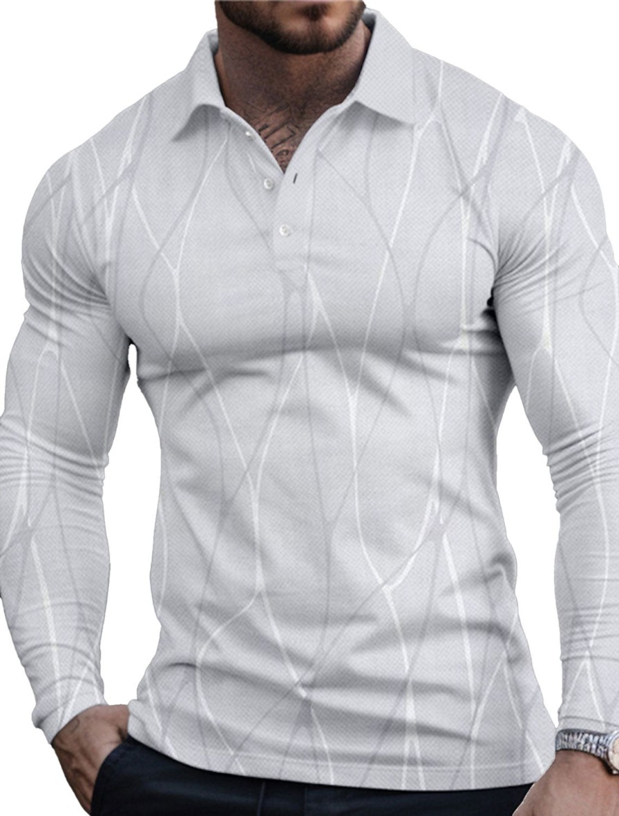 Men TH Casual Long Sleeve Shirts | Men'S Line Business Elegant 3D Print Golf Polo Shirts White