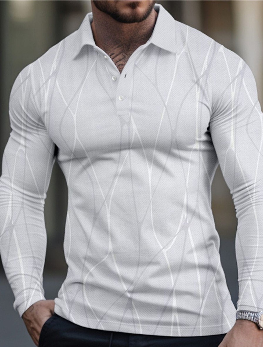 Men TH Casual Long Sleeve Shirts | Men'S Line Business Elegant 3D Print Golf Polo Shirts White