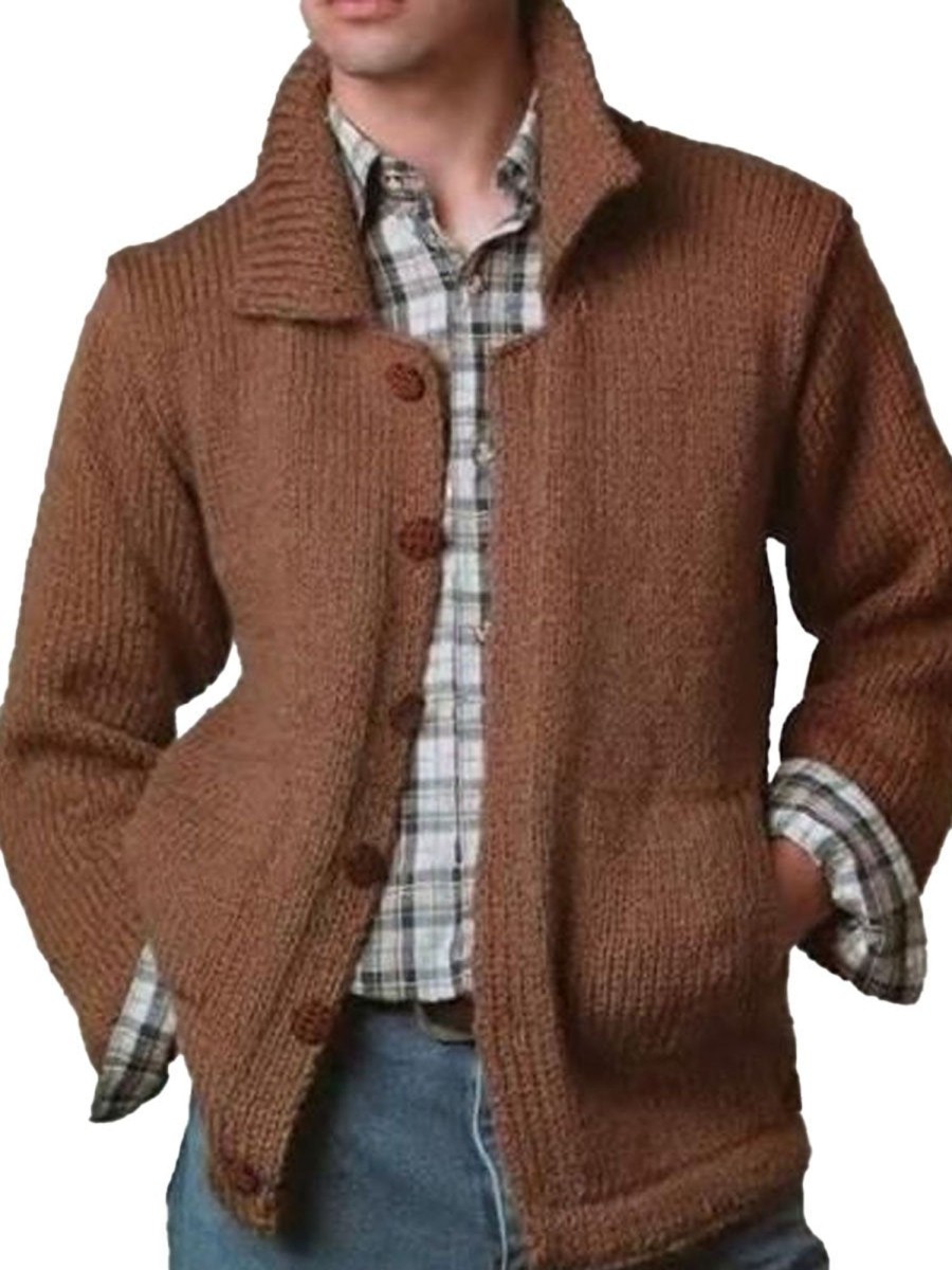 Men DJ Cardigan | Lapel Solid Color Double Pocket Knitted Cardigan Brown