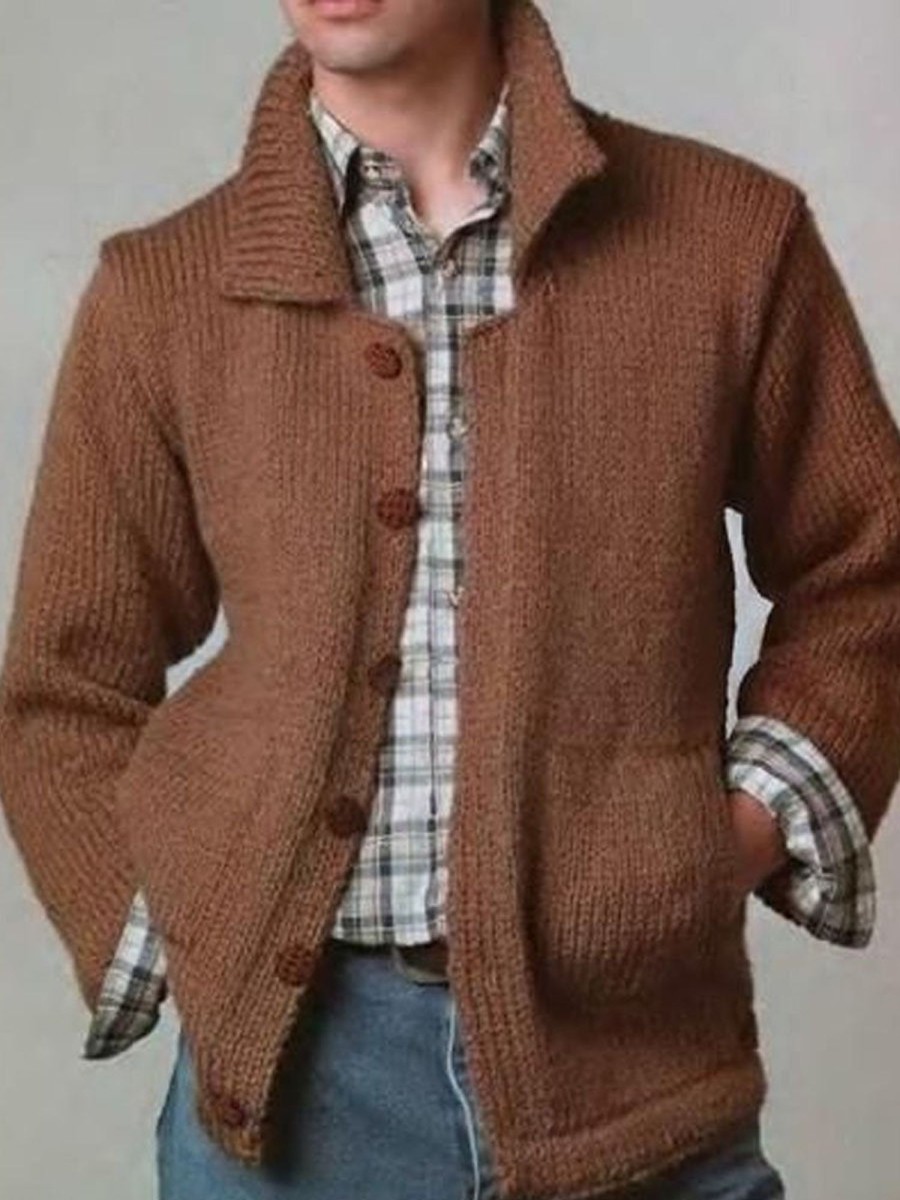 Men DJ Cardigan | Lapel Solid Color Double Pocket Knitted Cardigan Brown