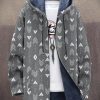 Men DJ Jacket | Vintage Geometric Print Pocket Fleece Hooded Jacket Gray