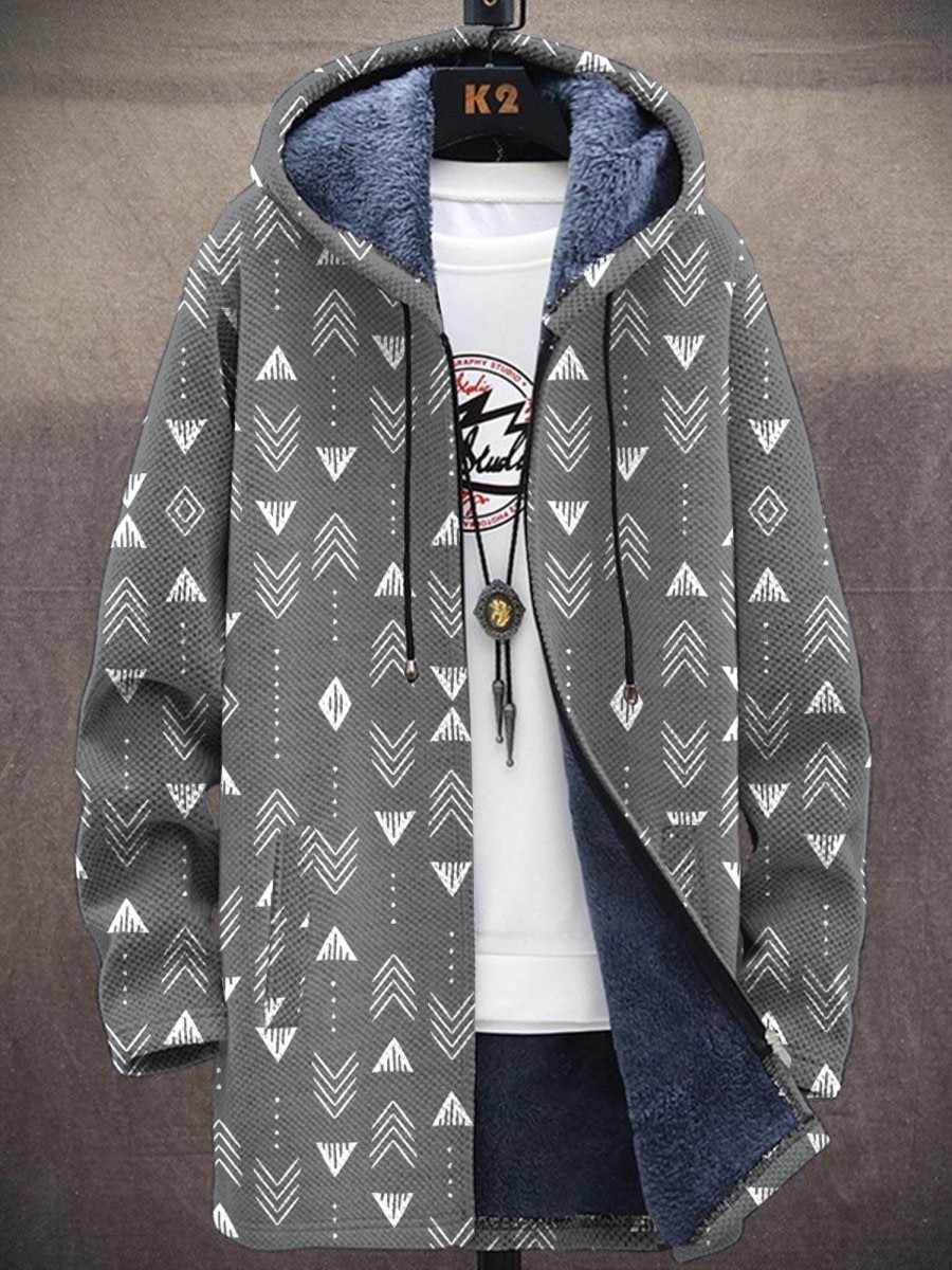 Men DJ Jacket | Vintage Geometric Print Pocket Fleece Hooded Jacket Gray