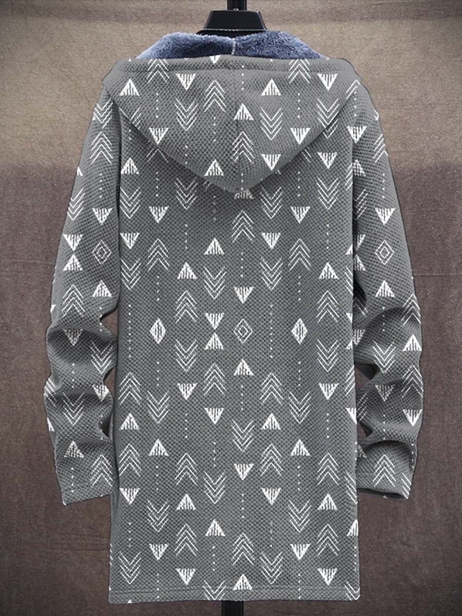 Men DJ Jacket | Vintage Geometric Print Pocket Fleece Hooded Jacket Gray