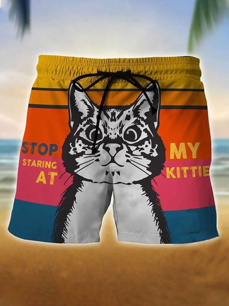 Men DJ Bottoms | Fun Cat Print Pocket Lounge Shorts Red