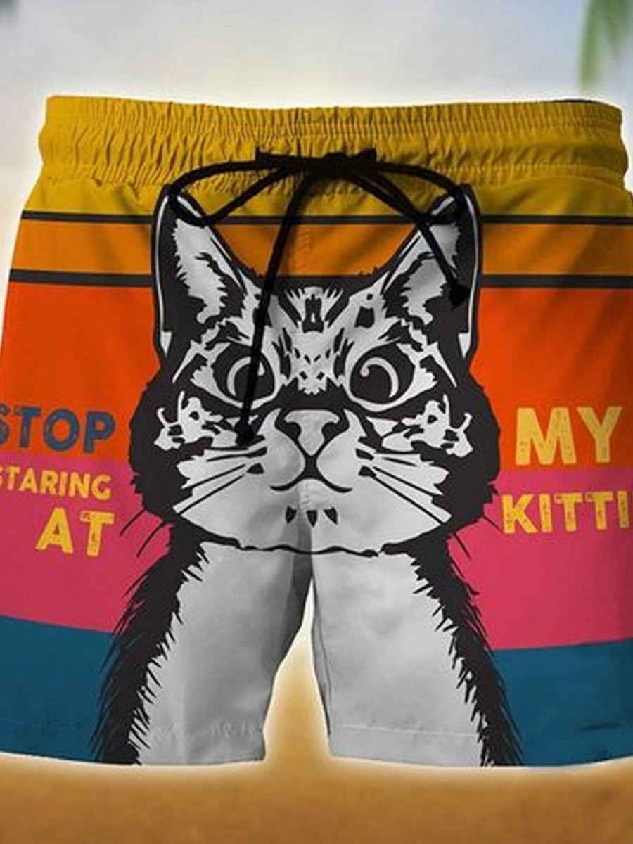 Men DJ Bottoms | Fun Cat Print Pocket Lounge Shorts Red