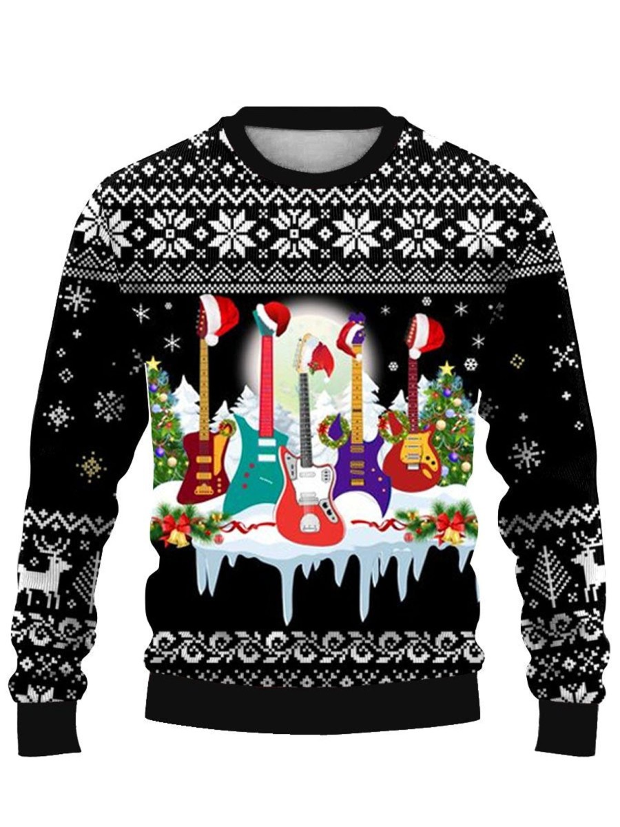 Men DJ Ugly Sweater | Christmas Guitar Music Party Printed Casual Crew Neck Sweatshirt Photo Color