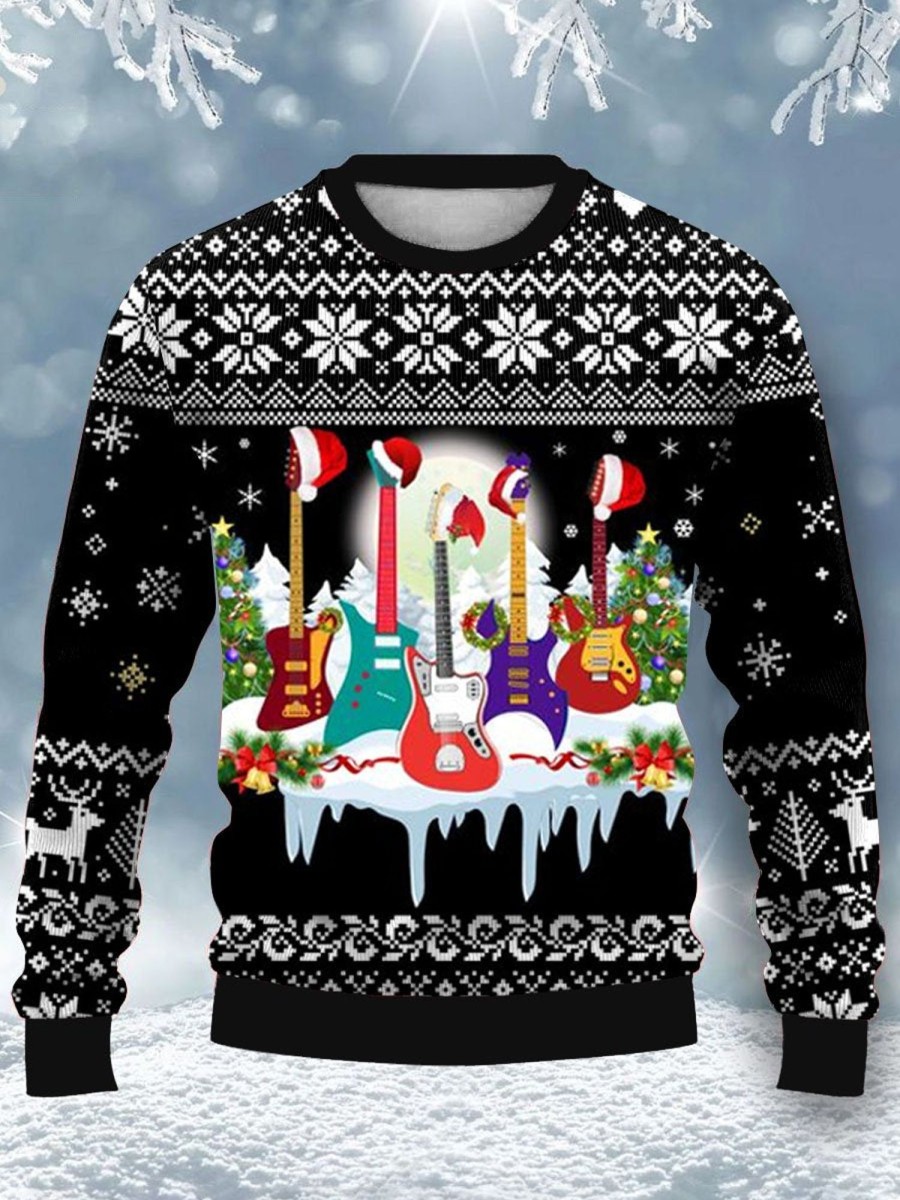 Men DJ Ugly Sweater | Christmas Guitar Music Party Printed Casual Crew Neck Sweatshirt Photo Color