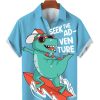 Men TH Shirts | Men'S Surf Dinosaur Cartoon Short Sleeve Shirt Blue