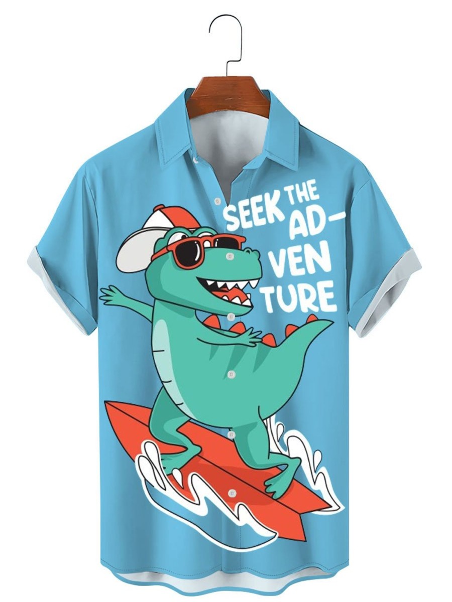 Men TH Shirts | Men'S Surf Dinosaur Cartoon Short Sleeve Shirt Blue