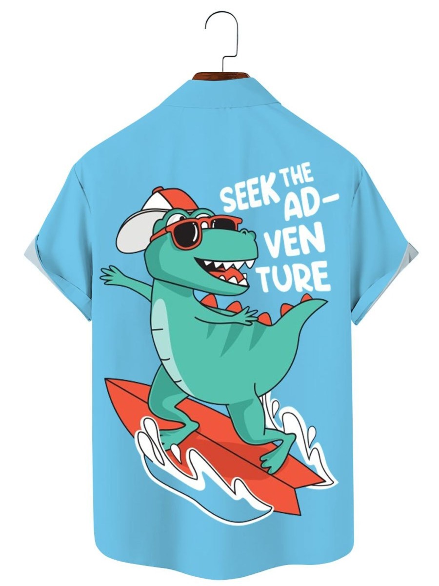 Men TH Shirts | Men'S Surf Dinosaur Cartoon Short Sleeve Shirt Blue