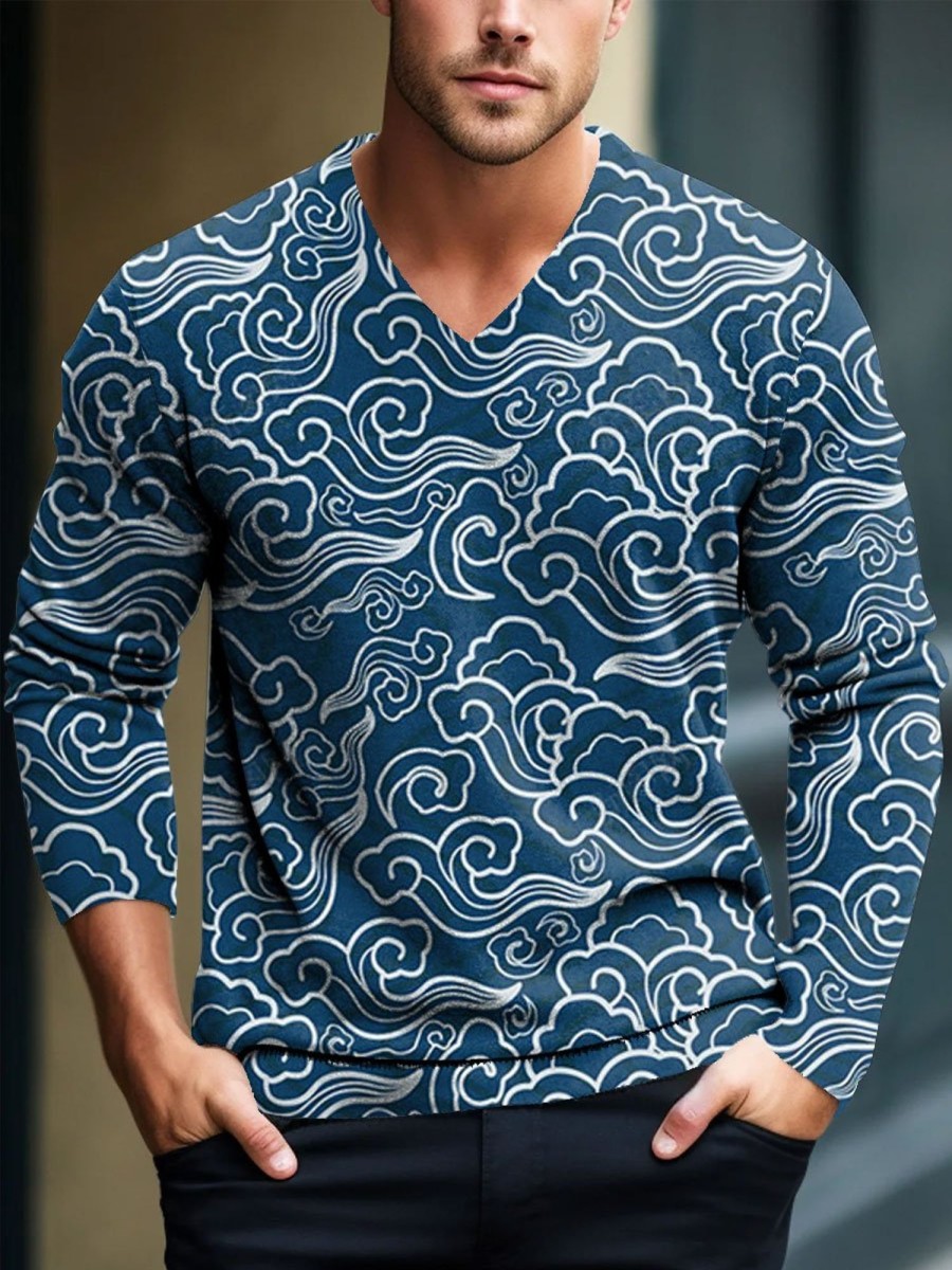 Men BXL Print Sweater | Men'S Wavy Cloud Print Knitted Pullover V-Neck Sweater Blue