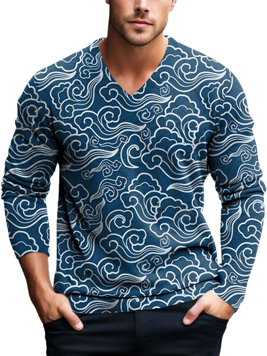 Men BXL Print Sweater | Men'S Wavy Cloud Print Knitted Pullover V-Neck Sweater Blue