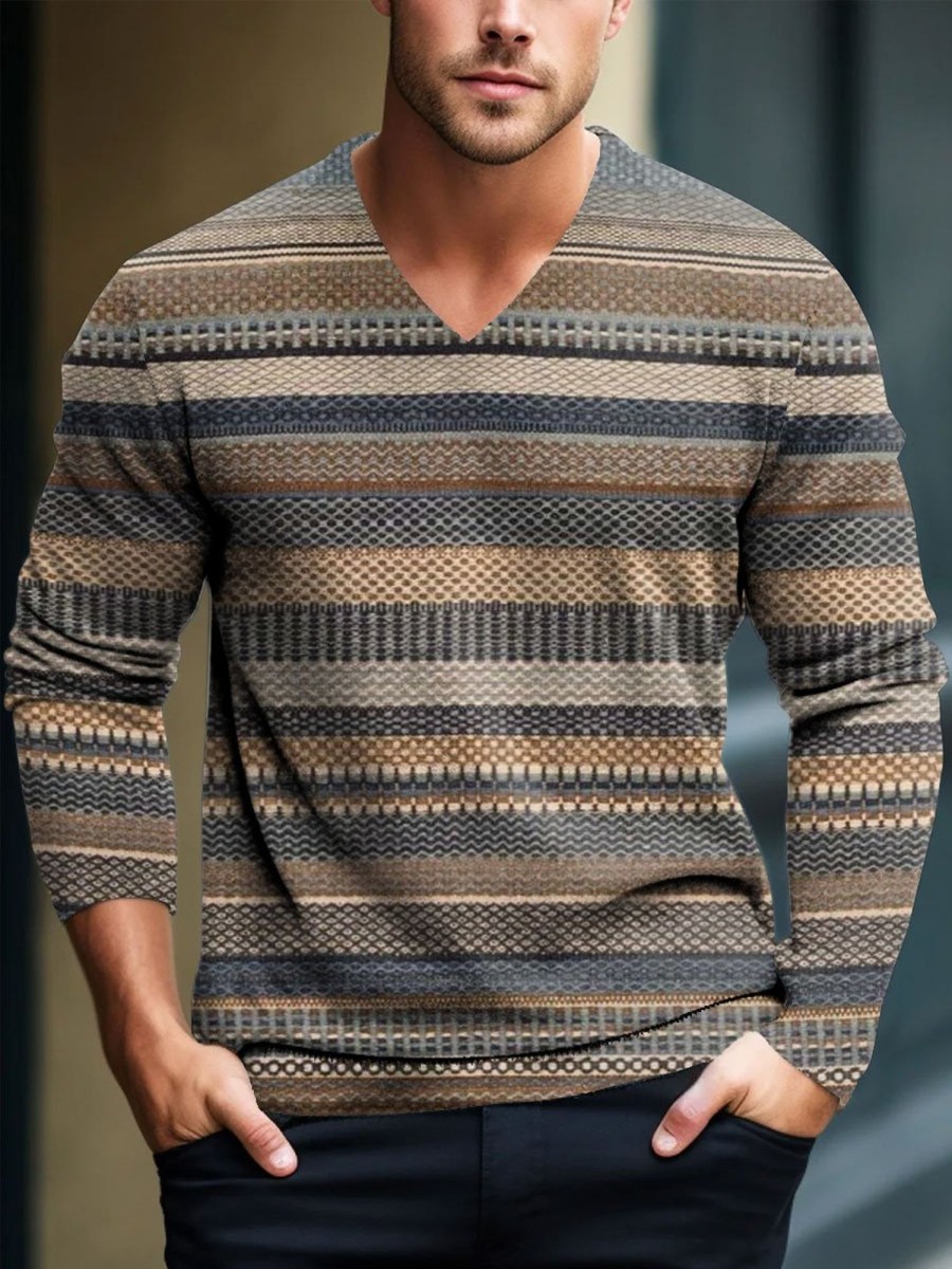 Men BXL Print Sweater | Men'S Casual Retro Geometric Knitted Pullover Sweater Brown