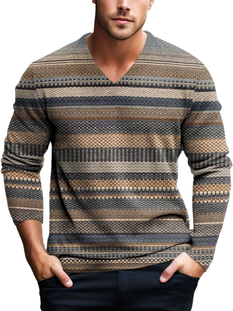 Men BXL Print Sweater | Men'S Casual Retro Geometric Knitted Pullover Sweater Brown