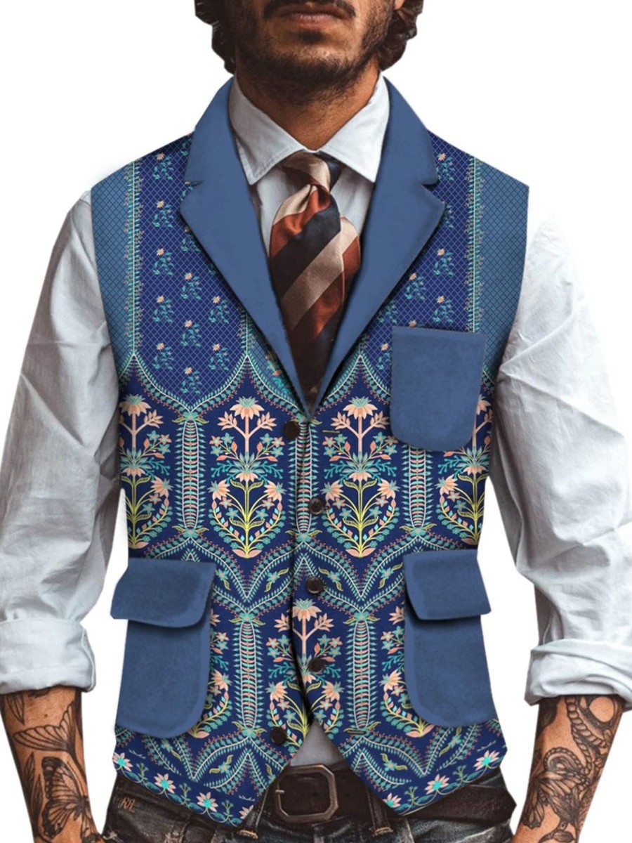 Men QMY Vest | Retro Western Ethnic Print Vest Photo Color