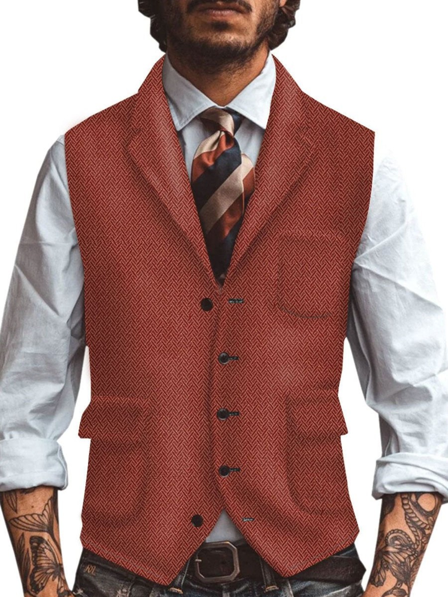 Men BXL Vest | Men'S Multi-Pocket Wool Herringbone Print Casual Vest Brick Red