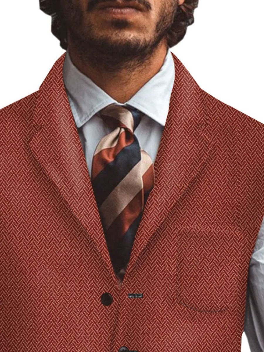 Men BXL Vest | Men'S Multi-Pocket Wool Herringbone Print Casual Vest Brick Red