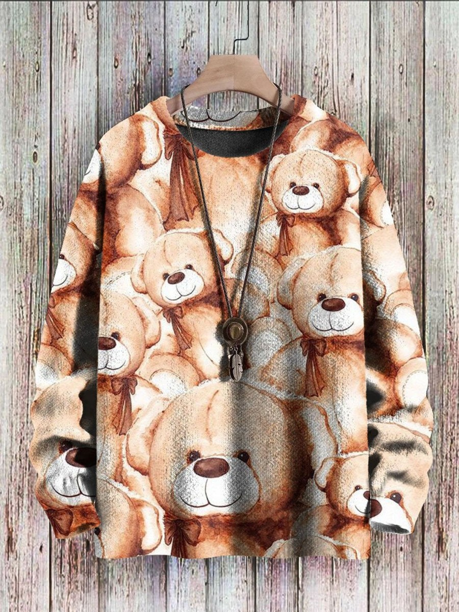 Men DJ Print Sweater | Cute Bear Doll Print Casual Round Neck Knitted Pullover Sweater Khaki