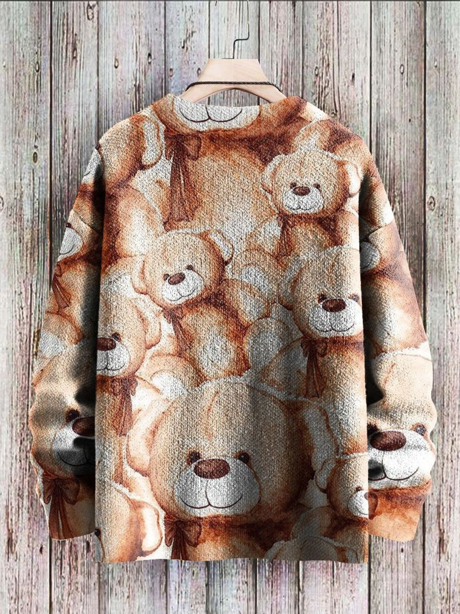 Men DJ Print Sweater | Cute Bear Doll Print Casual Round Neck Knitted Pullover Sweater Khaki